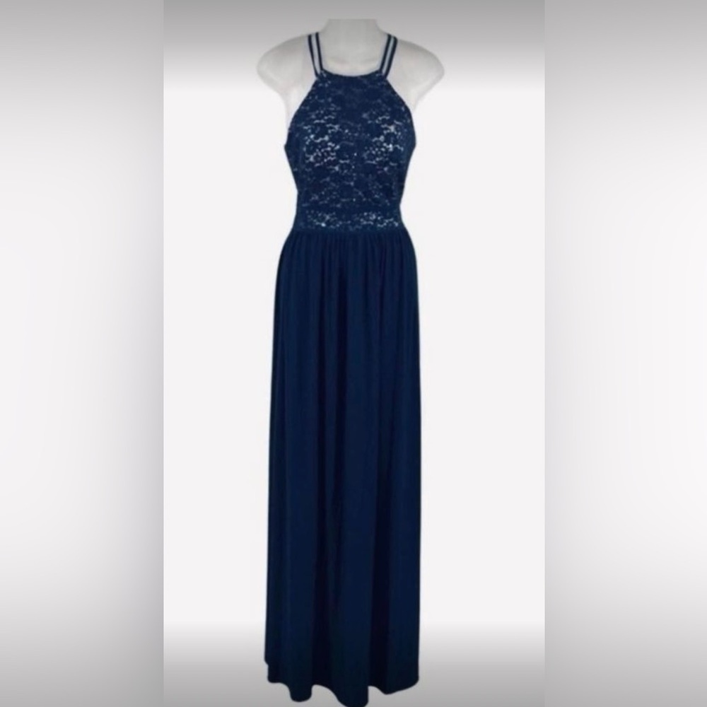 PROM FORMAL NIGHTWAY BLUE LACE, SEQUINS DOUBLE SPAGHETTI STRAPS VEUC - Picture 12 of 12